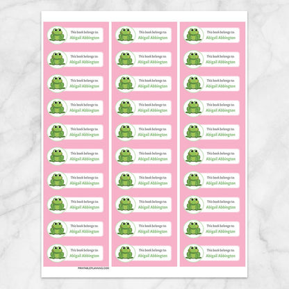 Printable Cute Frog Pink Bookplate Labels for Name Labeling Books at Printable Planning. Sheet of 30 labels.
