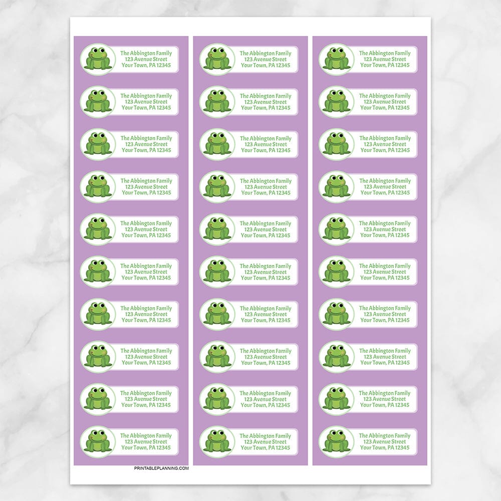 Printable Cute Frog Purple Background Address Labels at Printable Planning. Sheet of 30 labels.