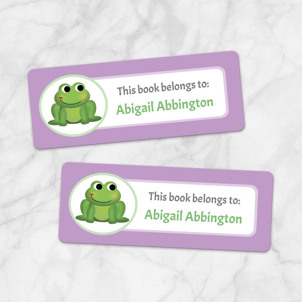 Printable Cute Frog Purple Bookplate Labels for Name Labeling Books at Printable Planning. Example of 2 labels.