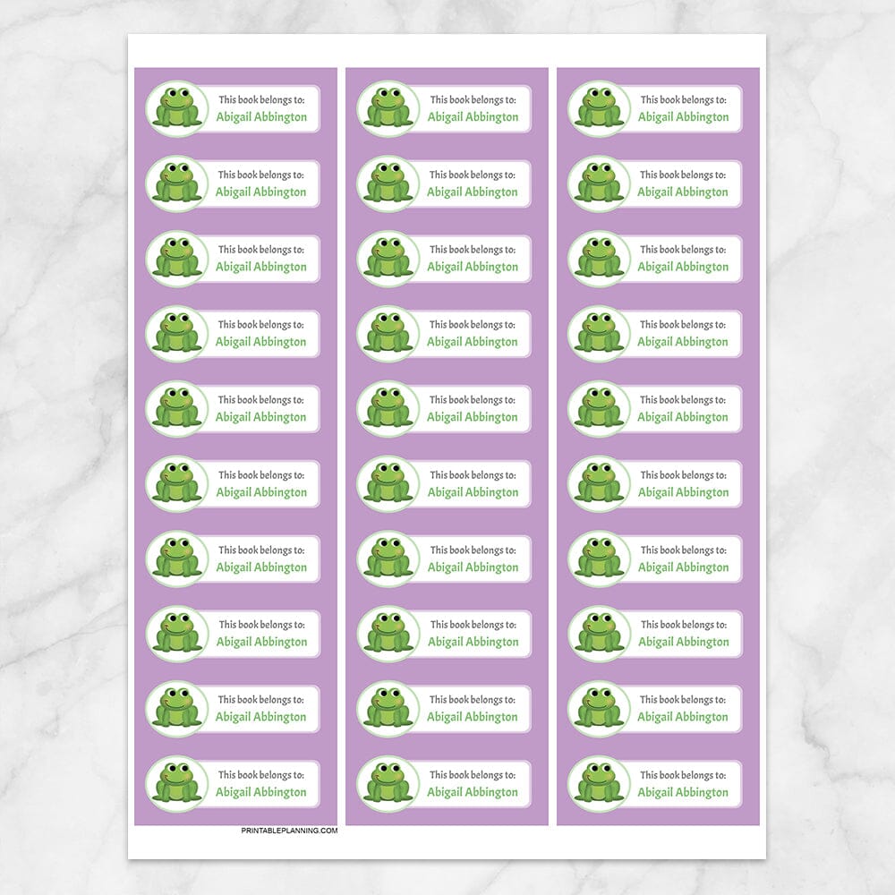 Printable Cute Frog Purple Bookplate Labels for Name Labeling Books at Printable Planning. Sheet of 30 labels.