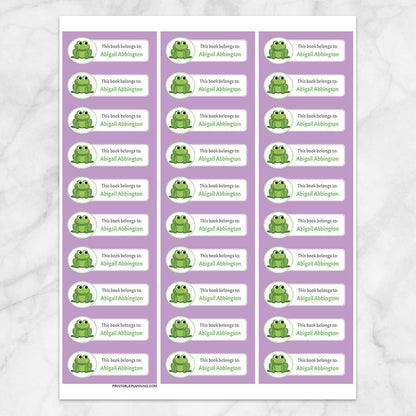 Printable Cute Frog Purple Bookplate Labels for Name Labeling Books at Printable Planning. Sheet of 30 labels.