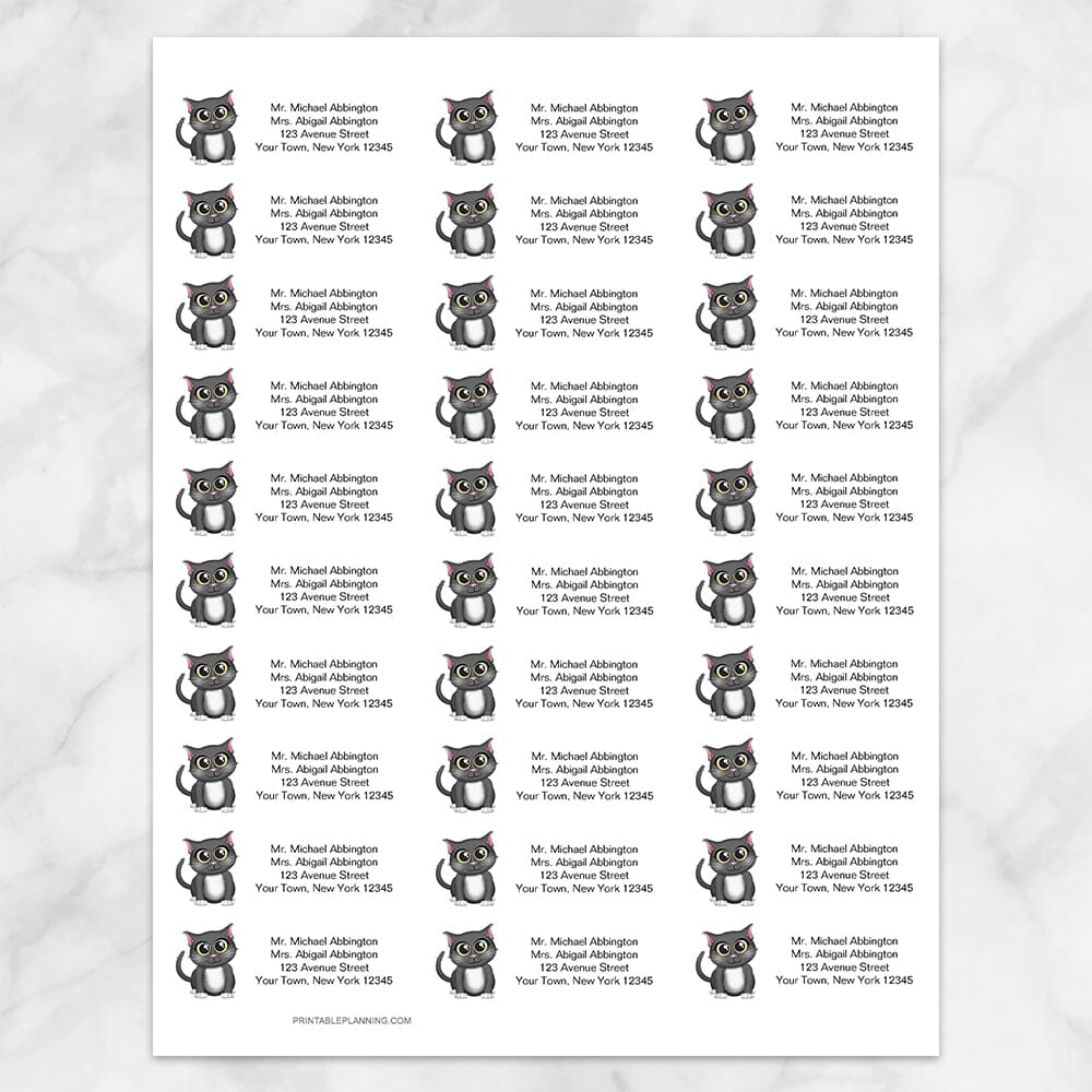 Printable Cute Gray Cat Address Labels at Printable Planning. Sheet of 30 labels.