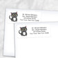 Printable Cute Gray Cat Address Labels at Printable Planning. Shown on envelopes. 