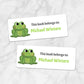 Printable Cute Green Frog Bookplate Labels for Name Labeling Books at Printable Planning. Example of 2 labels.