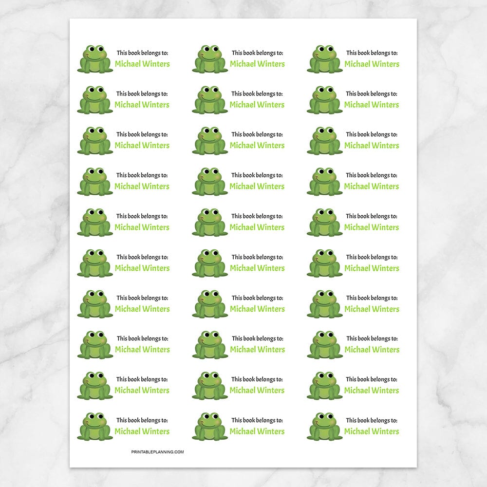 Printable Cute Green Frog Bookplate Labels for Name Labeling Books at Printable Planning. Sheet of 30 labels.