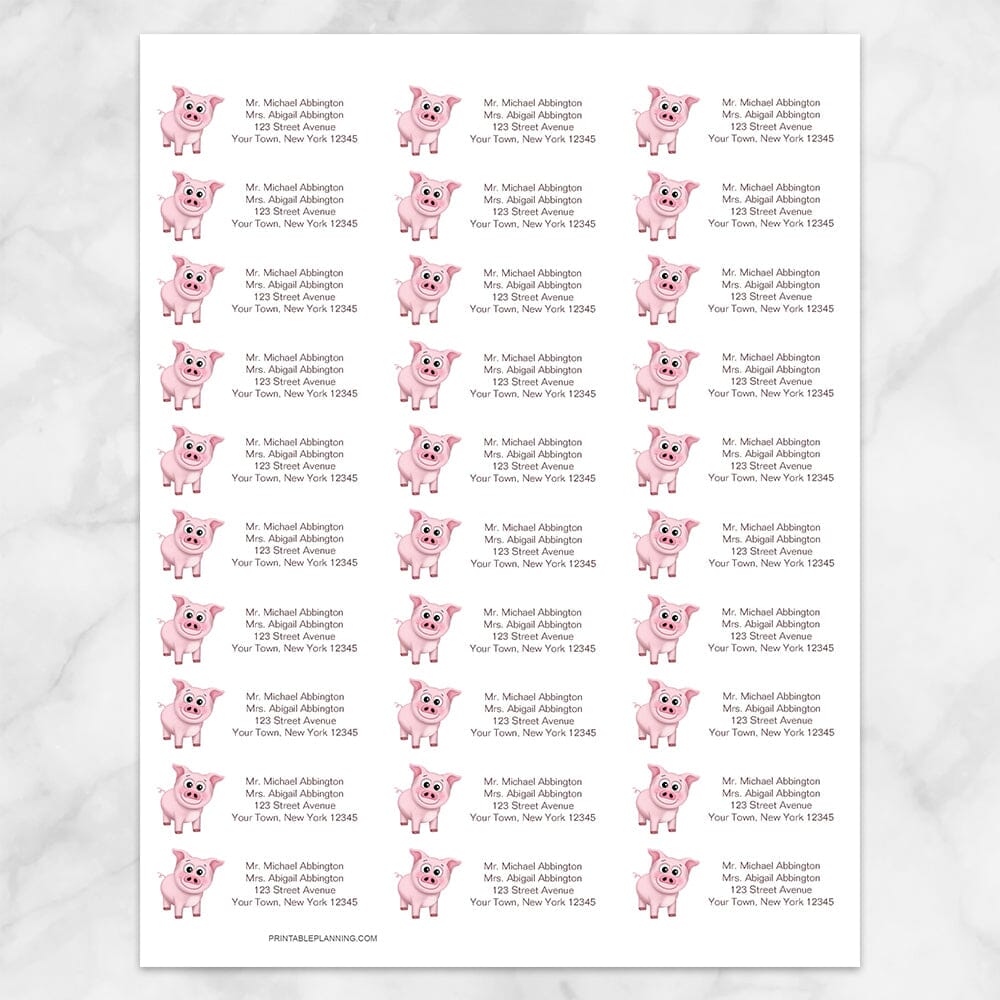 Printable Cute Happy Pink Pig Address Labels at Printable Planning. Sheet of 30 labels.