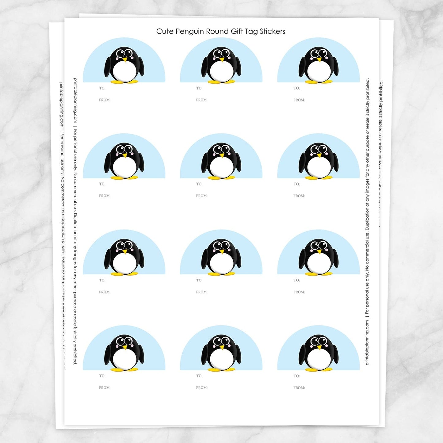 Printable Cute Penguin Gift Tag Stickers at Printable Planning. Sheet of 12 stickers.