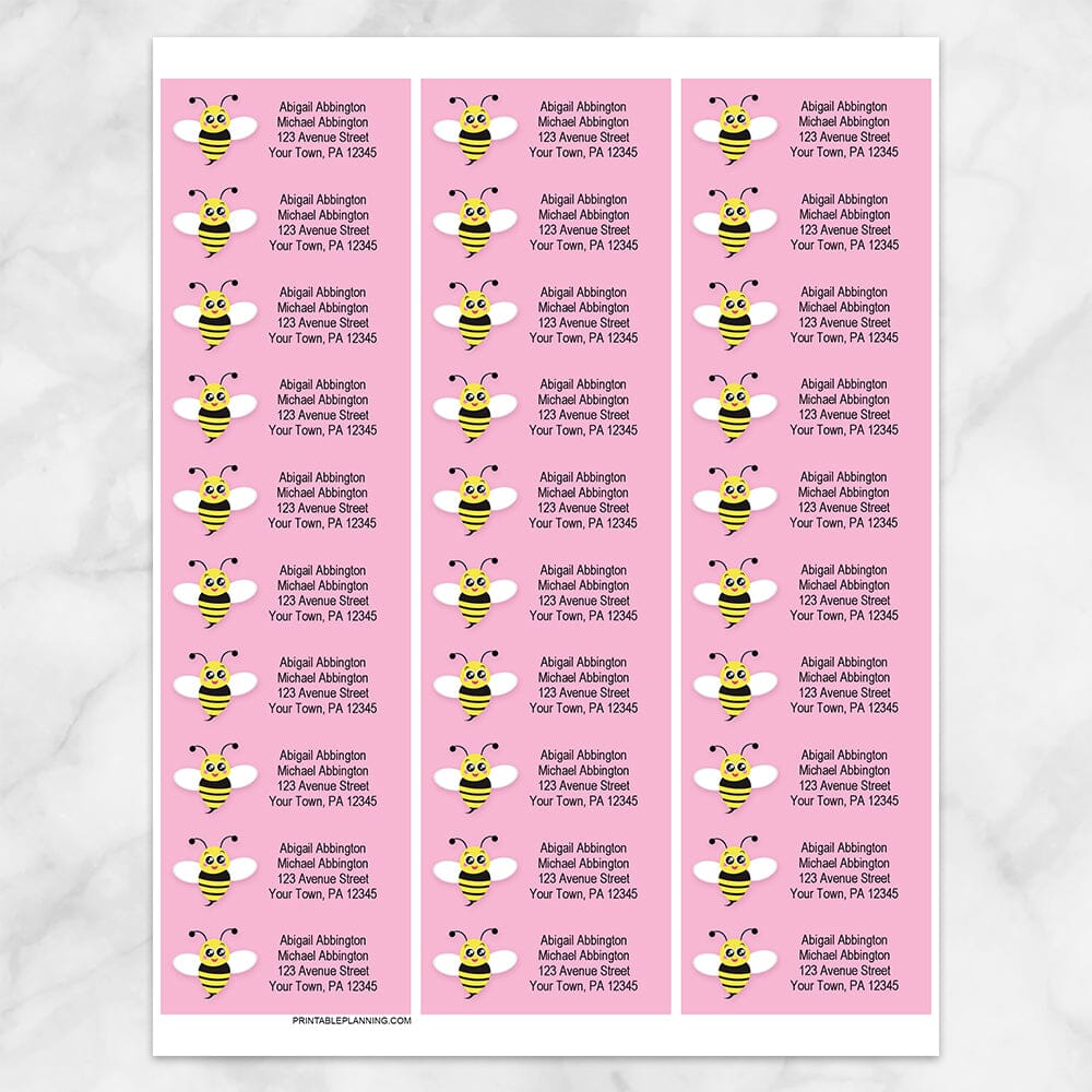 Printable Cute Pink Bee Address Labels at Printable Planning. Sheet of 30 labels.