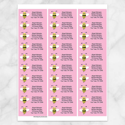 Printable Cute Pink Bee Address Labels at Printable Planning. Sheet of 30 labels.