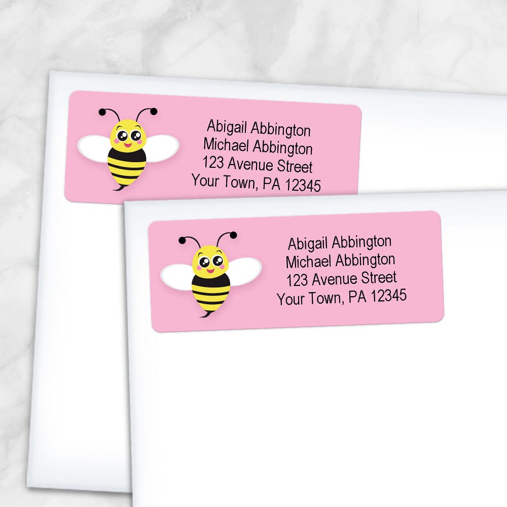 Printable Cute Pink Bee Address Labels at Printable Planning. Shown on envelopes.