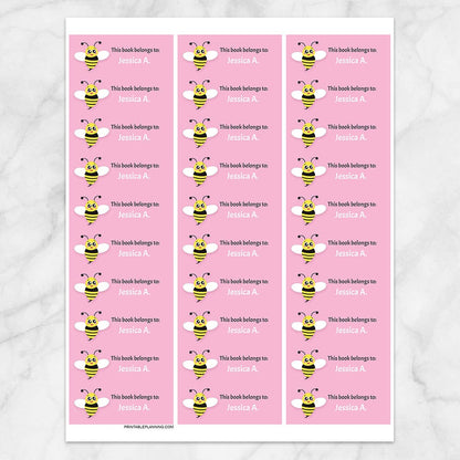 Printable Cute Pink Bee Bookplate Labels for Name Labeling Books at Printable Planning. Sheet of 30 labels.