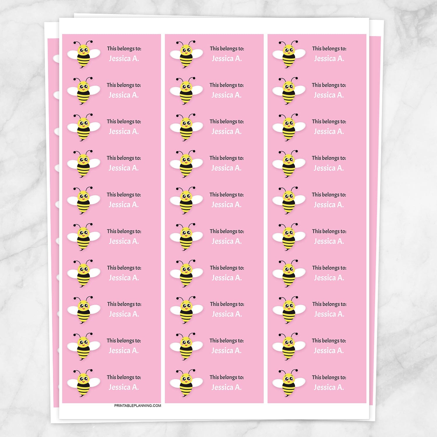 Printable Cute Pink Bee Name Labels for School Supplies at Printable Planning. Sheet of 30 labels.