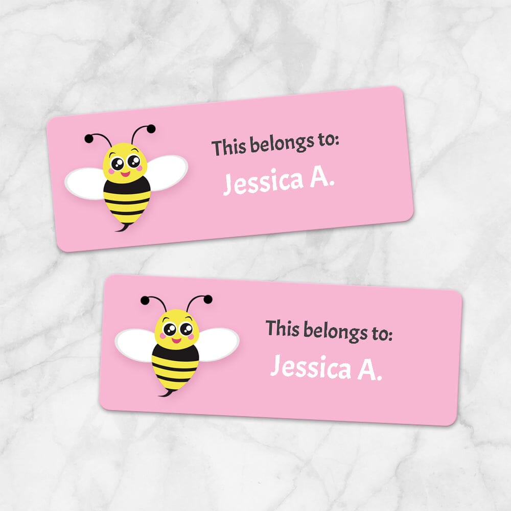 Printable Cute Pink Bee Name Labels for School Supplies at Printable Planning. Example of 2 labels.