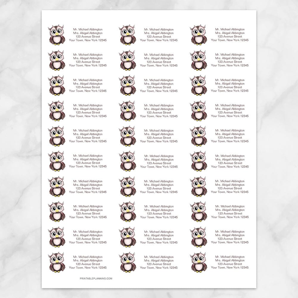 Printable Cute Pink and Brown Owl Address Labels at Printable Planning. Sheet of 30 labels.