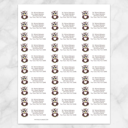 Printable Cute Pink and Brown Owl Address Labels at Printable Planning. Sheet of 30 labels.