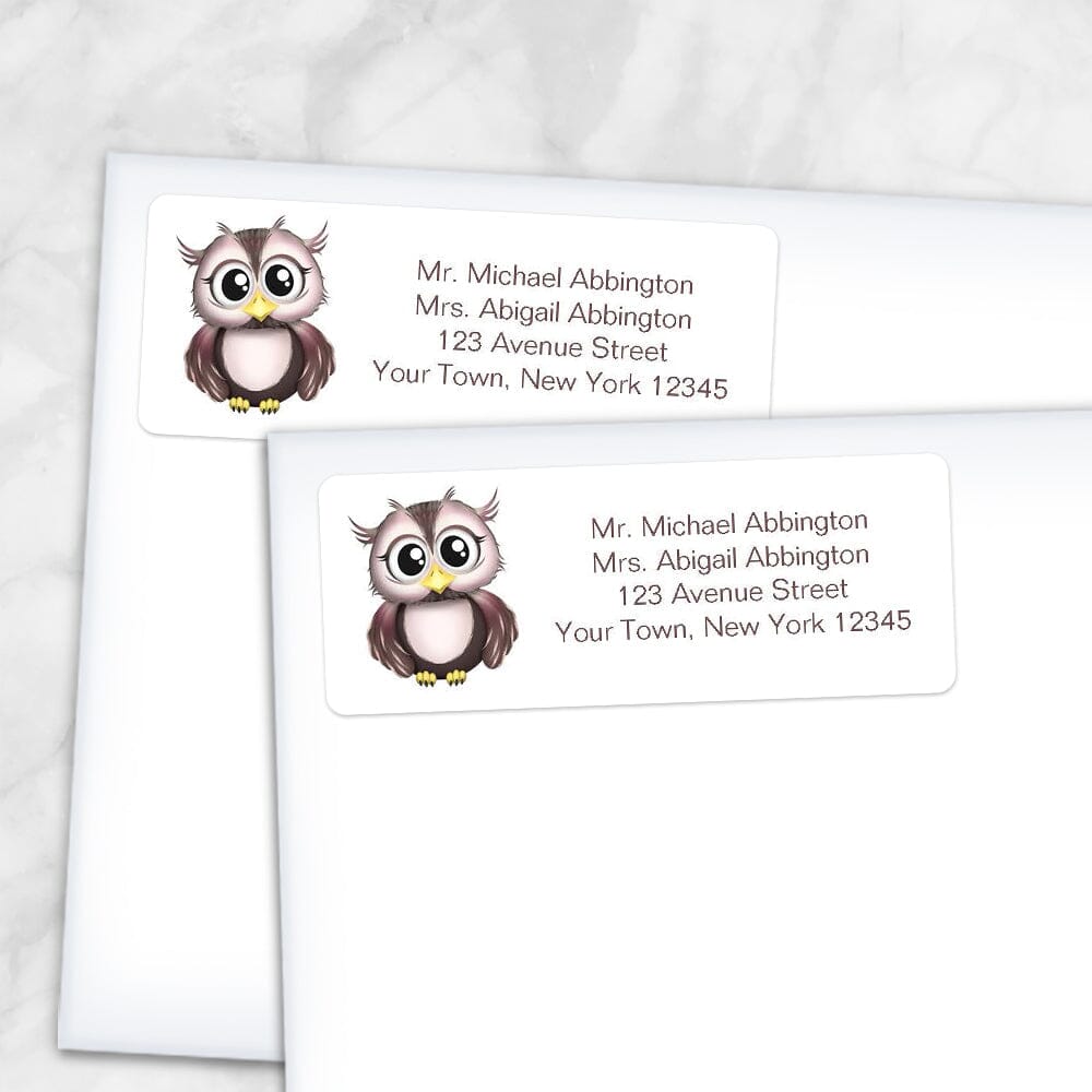 Printable Cute Pink and Brown Owl Address Labels at Printable Planning. Shown on envelopes.