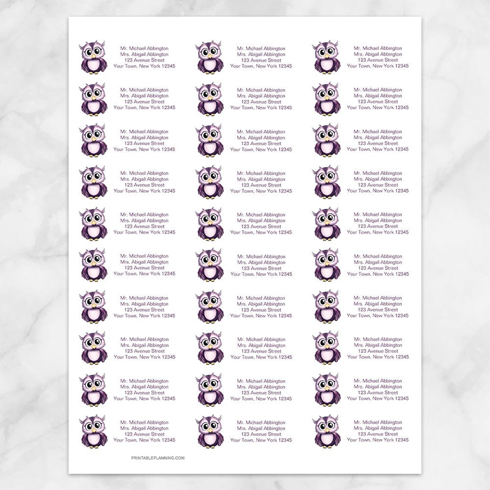 Printable Cute Purple Owl Address Labels at Printable Planning. Sheet of 30 labels.