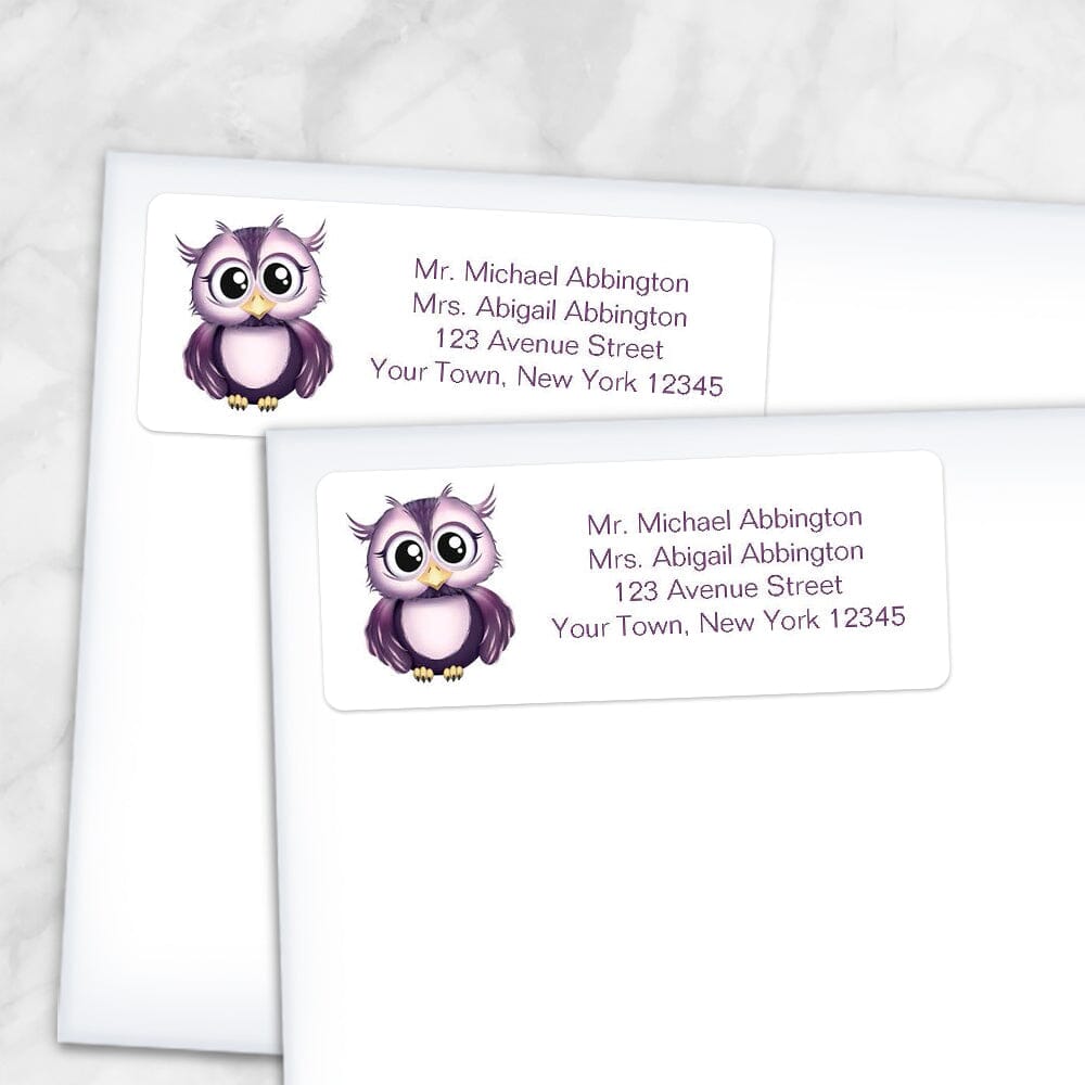 Printable Cute Purple Owl Address Labels at Printable Planning. Shown on envelopes.