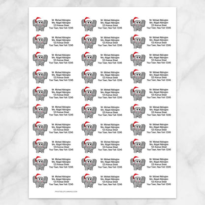 Printable Cute Santa Hat Elephant Address Labels at Printable Planning. Sheet of 30 labels.