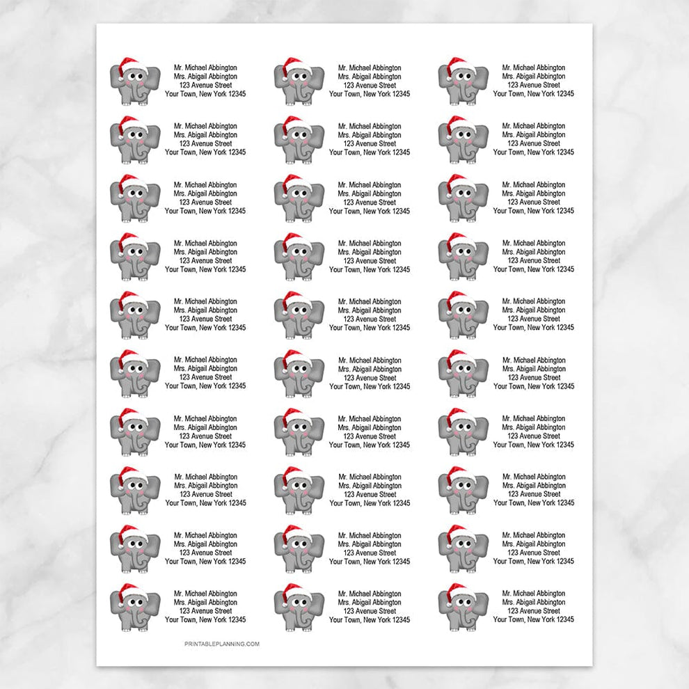 Cute Santa Hat Elephant Address Labels Printable at Printable Planning for only 5.95