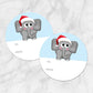 Printable Cute Santa Hat Elephant Gift Tag Stickers at Printable Planning. Example of 2 stickers.