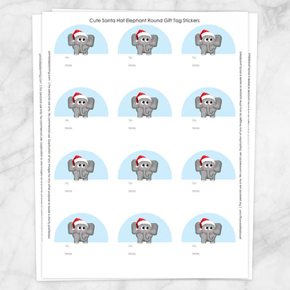 Printable Cute Santa Hat Elephant Gift Tag Stickers at Printable Planning. Sheet of 12 stickers.
