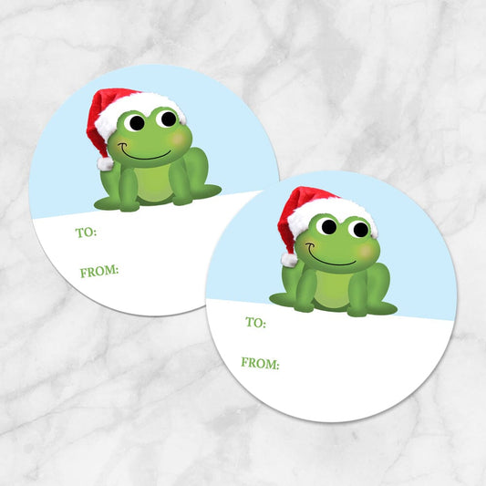 Printable Cute Santa Hat Frog Gift Tag Stickers at Printable Planning. Example of 2 stickers.