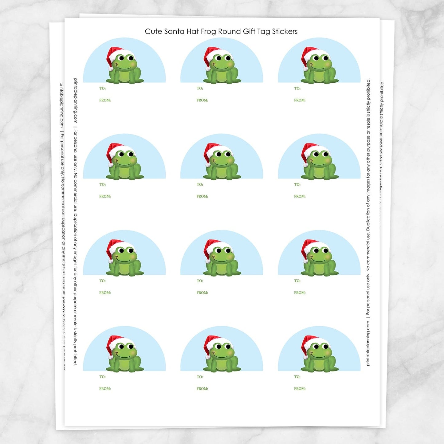Printable Cute Santa Hat Frog Gift Tag Stickers at Printable Planning. Sheet of 12 stickers.