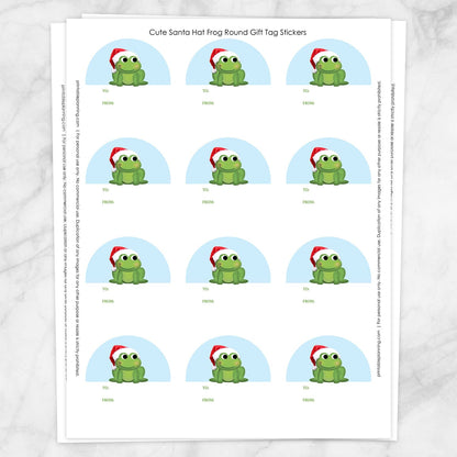 Printable Cute Santa Hat Frog Gift Tag Stickers at Printable Planning. Sheet of 12 stickers.