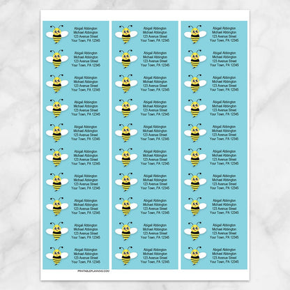 Printable Cute Turquoise Bee Address Labels at Printable Planning. Sheet of 30 labels.