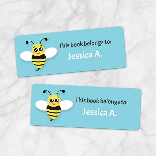 Printable Cute Turquoise Bee Bookplate Labels for Name Labeling Books at Printable Planning. Example of 2 labels.