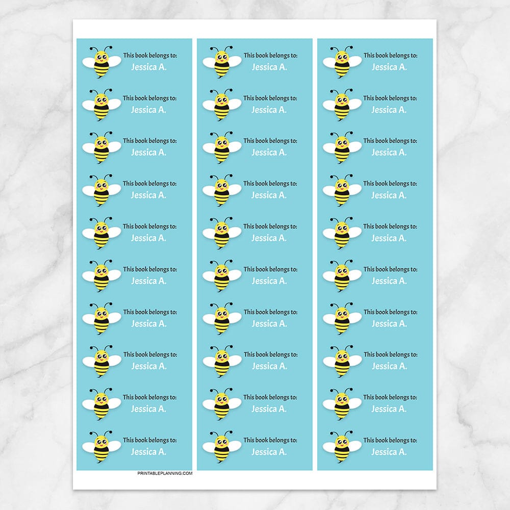 Printable Cute Turquoise Bee Bookplate Labels for Name Labeling Books at Printable Planning. Sheet of 30 labels.