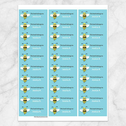 Printable Cute Turquoise Bee Bookplate Labels for Name Labeling Books at Printable Planning. Sheet of 30 labels.