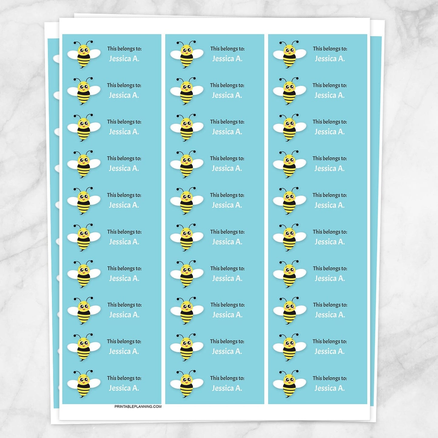 Printable Cute Turquoise Bee Name Labels for School Supplies at Printable Planning. Sheet of 30 labels.