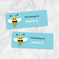 Printable Cute Turquoise Bee Name Labels for School Supplies at Printable Planning. Example of 2 labels.