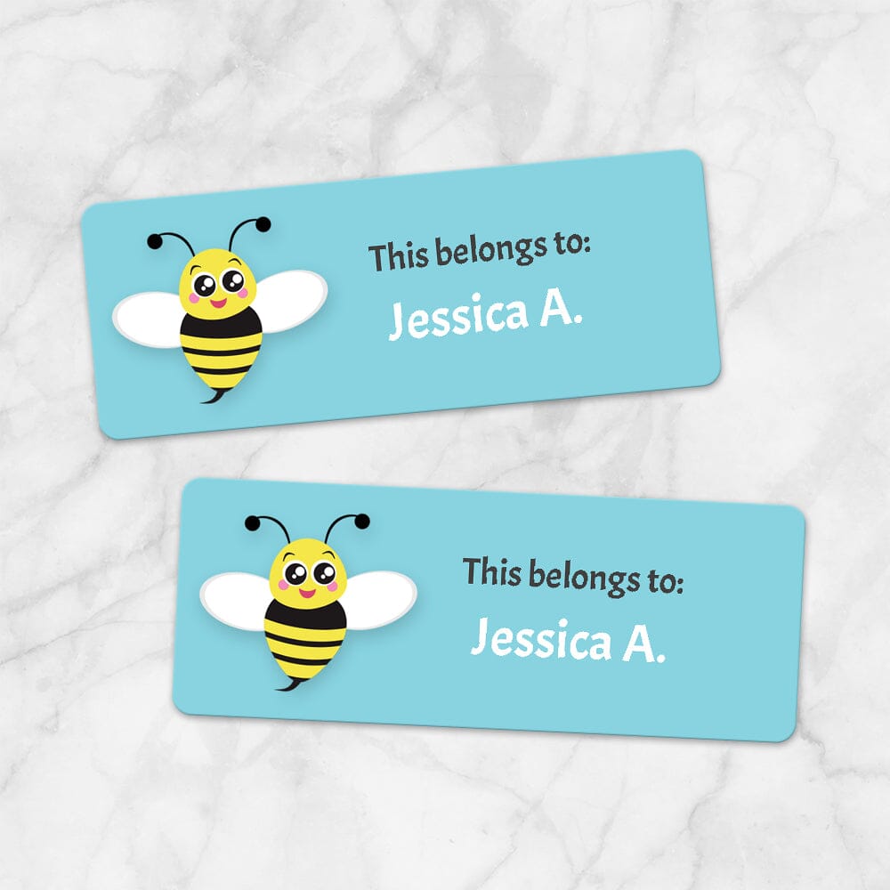 Printable Cute Turquoise Bee Name Labels for School Supplies at Printable Planning. Example of 2 labels.