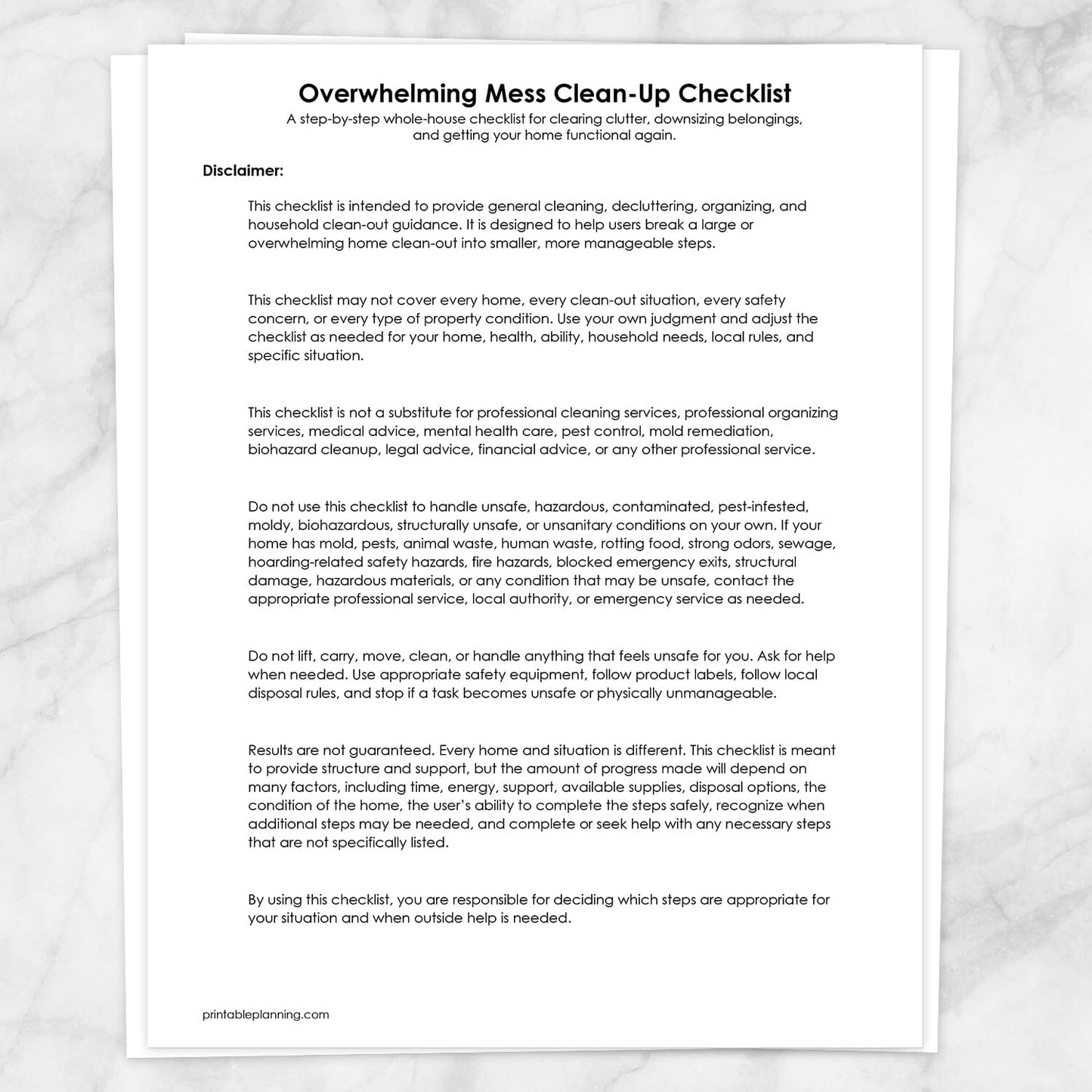 Disclaimer page for the Overwhelming Mess Clean-Up Checklist, shown on a marble surface.