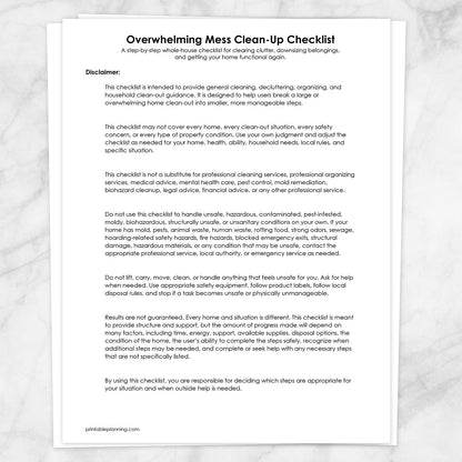 Disclaimer page for the Overwhelming Mess Clean-Up Checklist, shown on a marble surface.