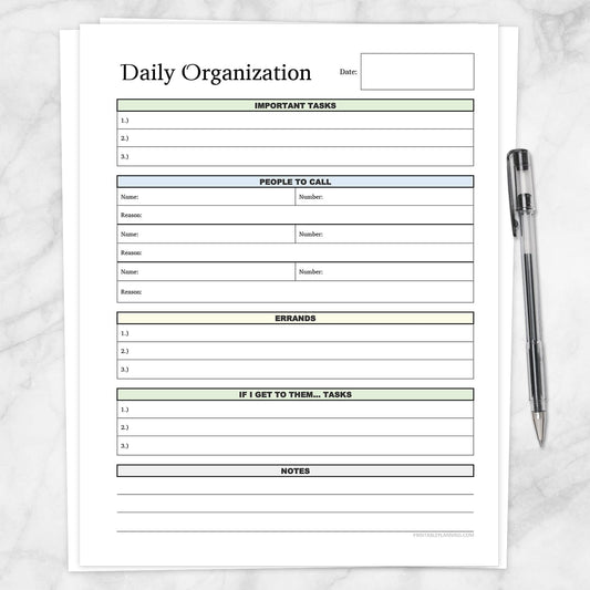 Printable Daily Organization Category Task Sheet at Printable Planning.