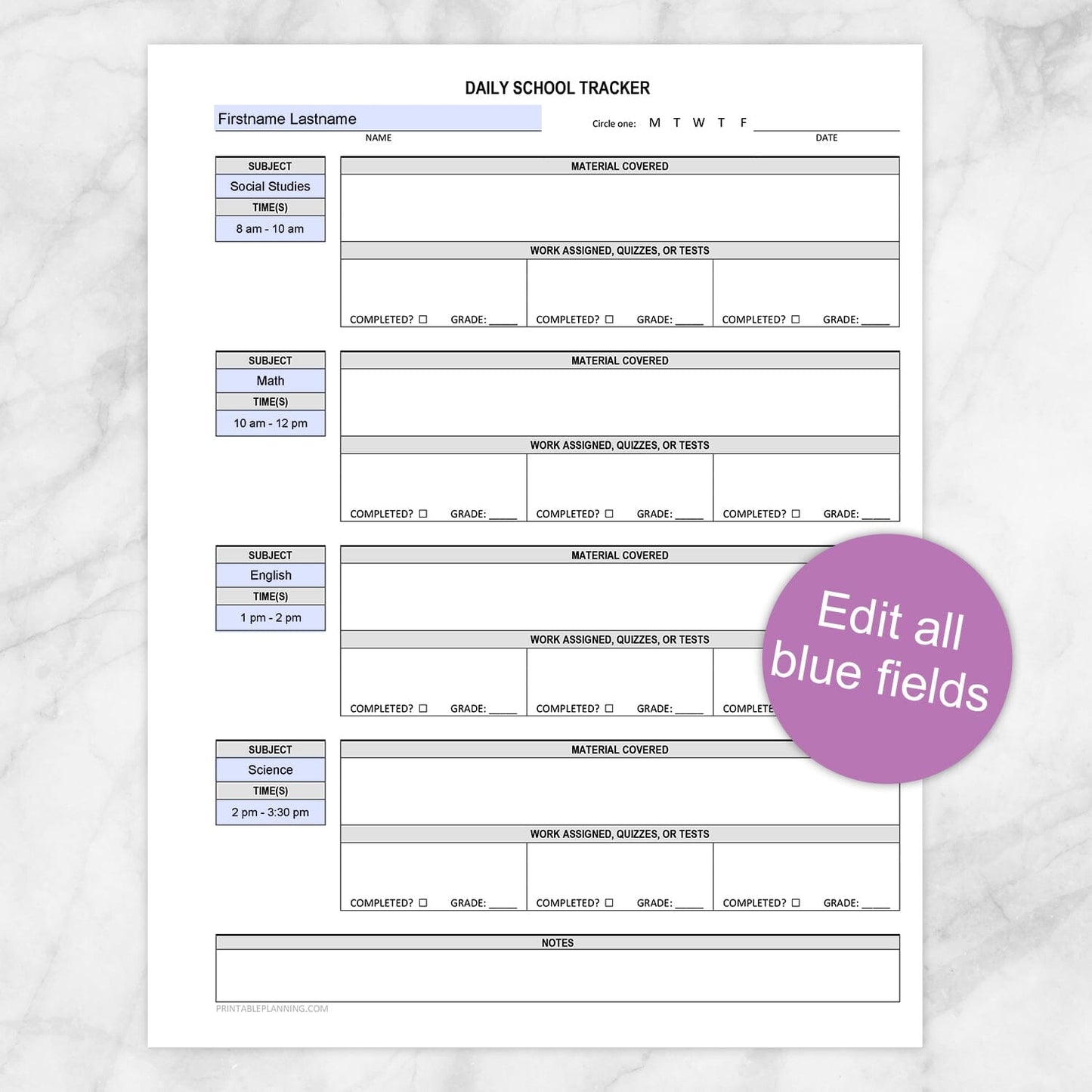 Printable Homeschooling Page, Daily School Tracker at Printable Planning. Edit all blue fields to fit your school schedule.