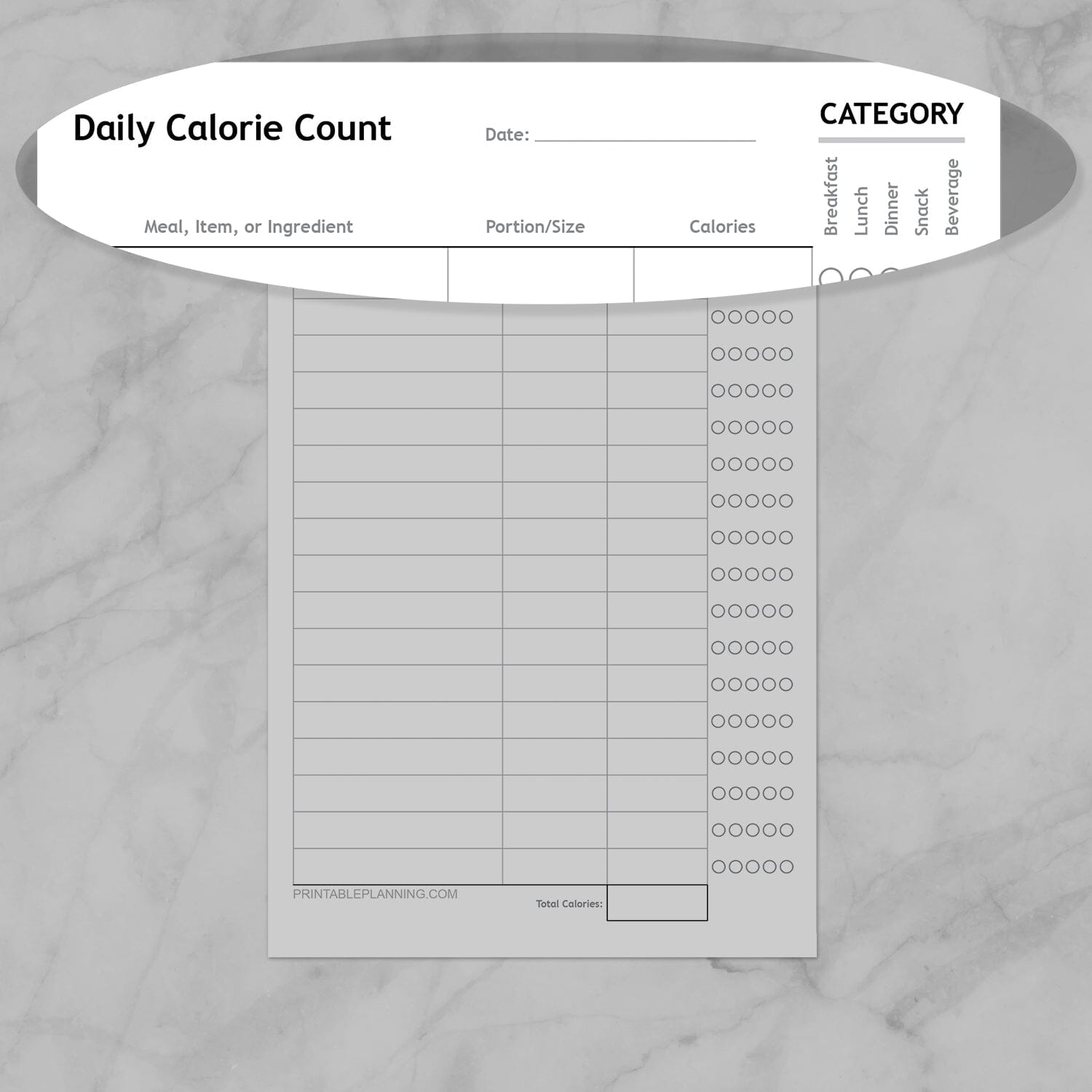 Image showing a zoomed in part of the top of the Daily Calorie Count Sheet, Half Page, showing all of the trackable features.