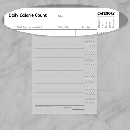 Image showing a zoomed in part of the top of the Daily Calorie Count Sheet, Half Page, showing all of the trackable features.