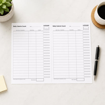The full printed page of the printable Daily Calorie Tracker & Food Log (with 2 half pages) shown on a table with a plant, sticky notes, coffee, and a pen.