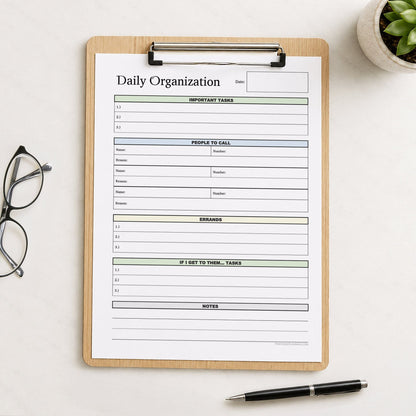 A printed Daily Planner with Priorities, Calls, Errands & Notes (printable) page shown on a wooden clipboard on a table with a plant, glasses, and a pen.