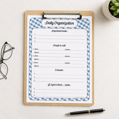 The printed Blue Gingham Daily Planner with Priorities, Calls, Errands & Tasks (printable) page shown on a wooden clipboard on a table with a plant, glasses, and a pen.