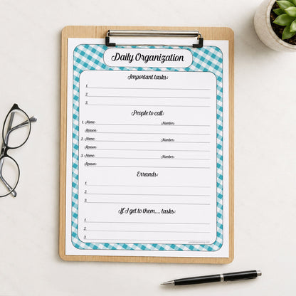 A printed turquoise gingham Daily Planner for Priorities, Calls, Errands & To-Dos (printable) page shown on a wooden clipboard on a table with a plant, glasses, and a pen.