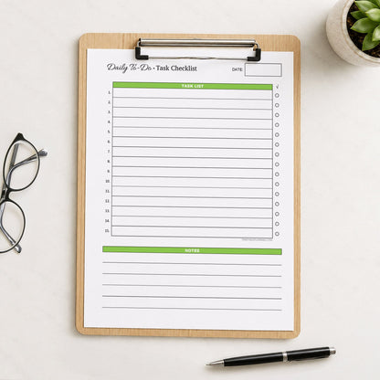A printed Daily To-Do List & Task Checklist (printable) page, in green, shown on a wooden clipboard on a table with a plant, glasses, and a pen.