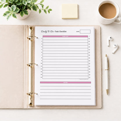 A printed Daily To-Do List & Task Checklist (printable) page, in pink, shown in a beige binder on a desk with a plant, sticky notes, coffee, earbuds, and a pen.