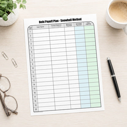 Debt Payoff Plan Chart - Debt Snowball Method (printable page) shown on a desk with glasses, coffee, plant, and a pen.