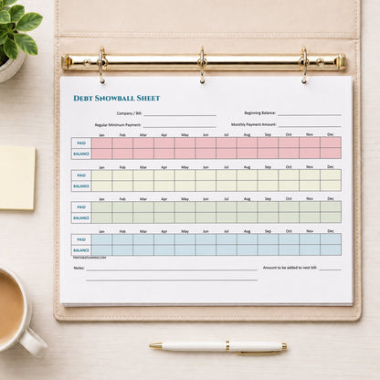 A printed Debt Snowball Tracker (printable) page shown in a beige binder on a desk with a plant, sticky notes, coffee, and a pen.